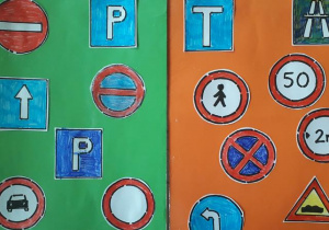 Znaki drogowe - prace plastyczne w wykonaniu uczniów łączoną techniką plastyczną (rysunkową i wyklejaną)
